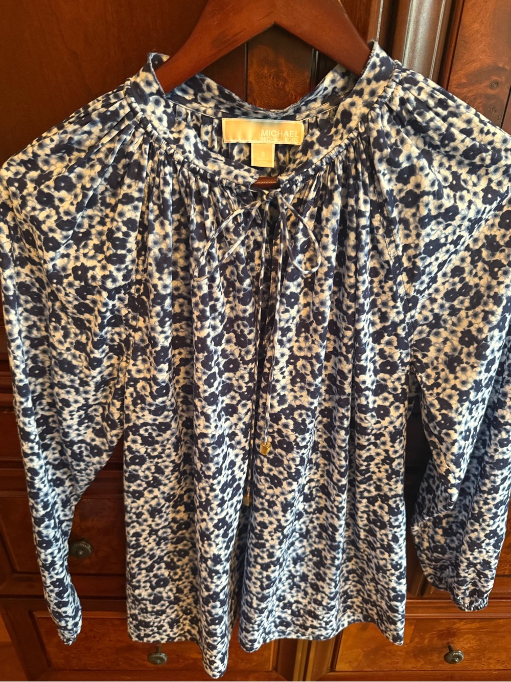 MICHAEL Michael Kors Navy and White Printed Tie-Neck Blouse